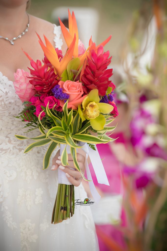 Tropical heliconias & gingers bouquet w/roses & orchids 