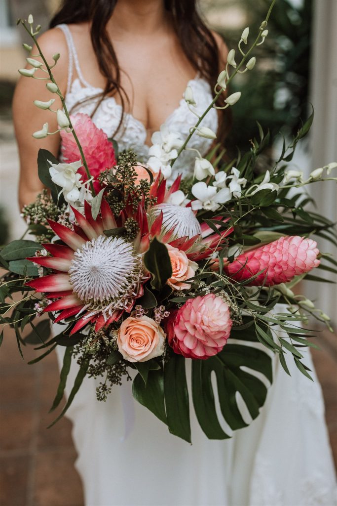 tropical pink bridal bouquet with exotic king proteas